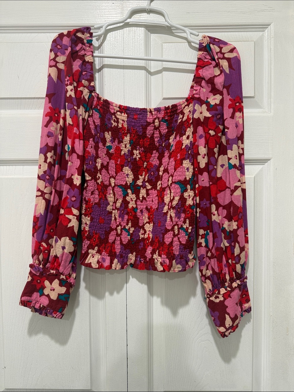 Free People Floral Smocked Long Sleeve Top - Pink, Purple & Red